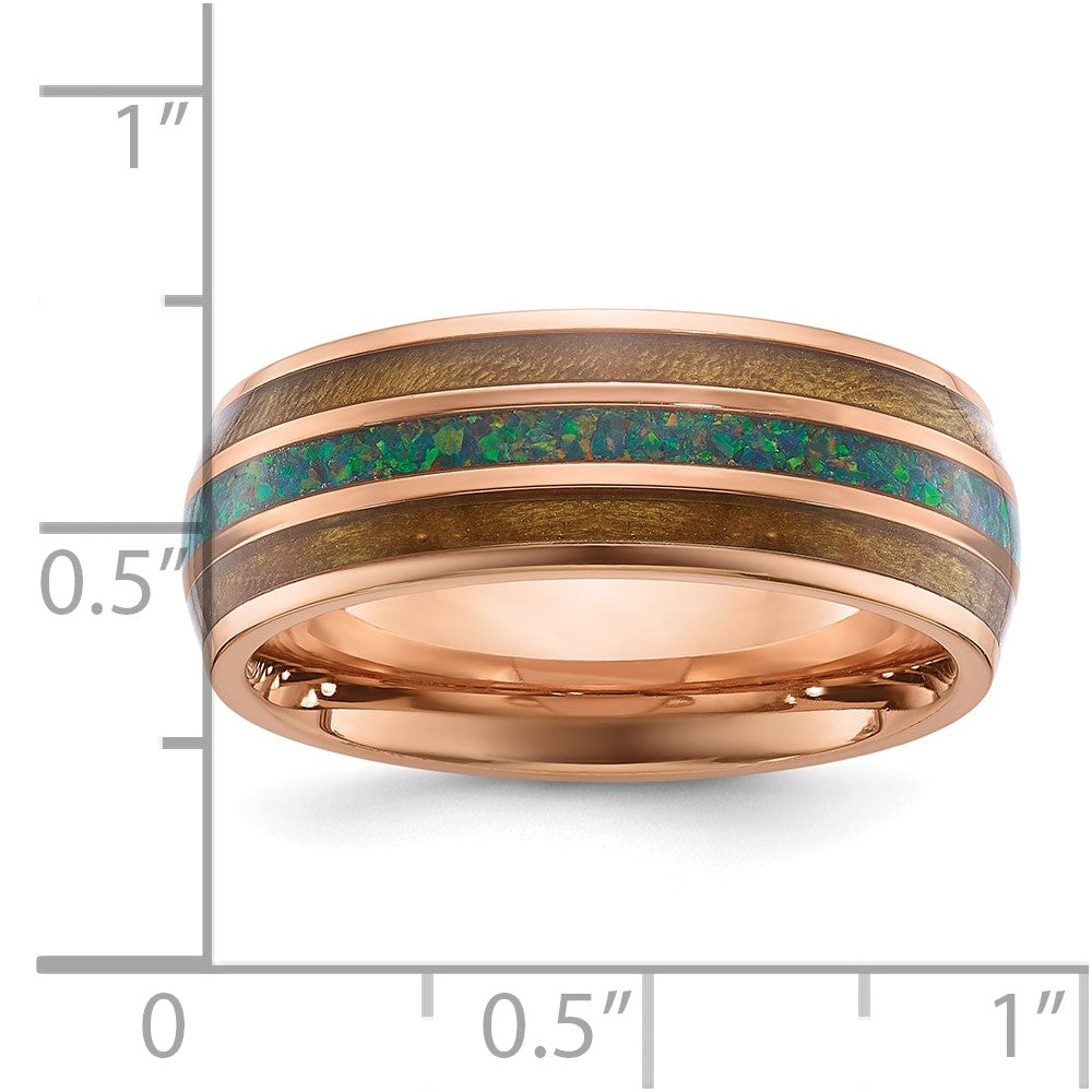 Stainless Steel Polished Rose IP with Wood/Imit. Opal Inlay 8mm Band