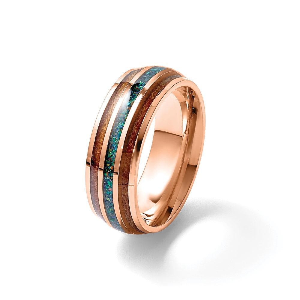 Stainless Steel Polished Rose IP with Wood/Imit. Opal Inlay 8mm Band