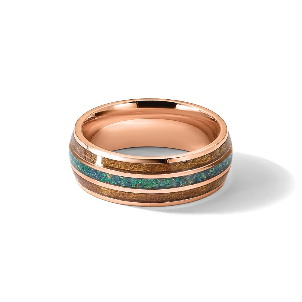 Stainless Steel Polished Rose IP with Wood/Imit. Opal Inlay 8mm Band