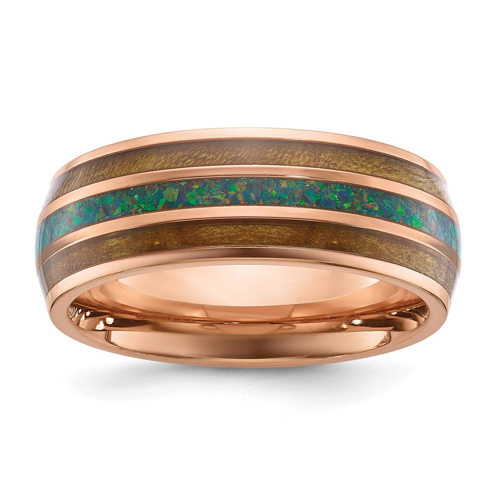 Stainless Steel Polished Rose IP with Wood/Imit. Opal Inlay 8mm Band