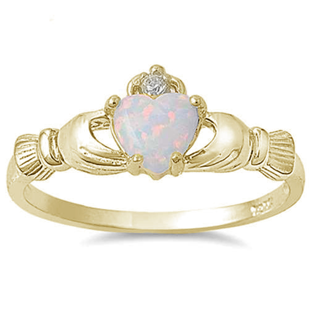 Yellow Gold Plated White Opal Claddagh .925 Sterling Silver Ring Sizes 6-8 ABC Rugs Kilims