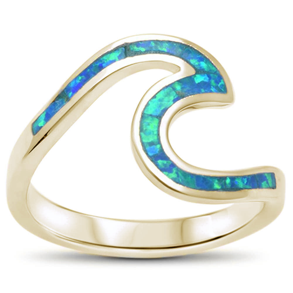 Yellow Gold Plated Wave Ocean Blue Opal .925 Sterling Silver Ring Sizes 6-8 ABC Rugs Kilims