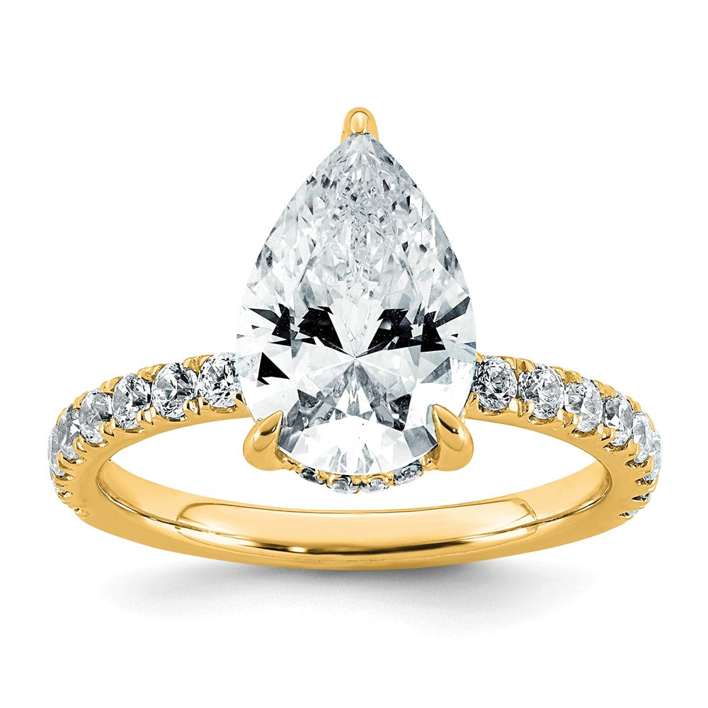 14k 3 1/2ct Cert Lab Grown Diamond VS+ F+ Pear Comp Solitaire Eng Ring
