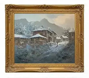 Snowy Village Landscape Painting depicting ocean with an-fashioned design on the shore, Approx. 24" x 18"