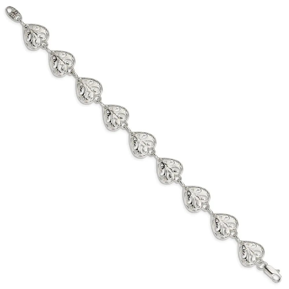 Sterling Silver Fancy Filigree Heart 7 Inch Bracelet