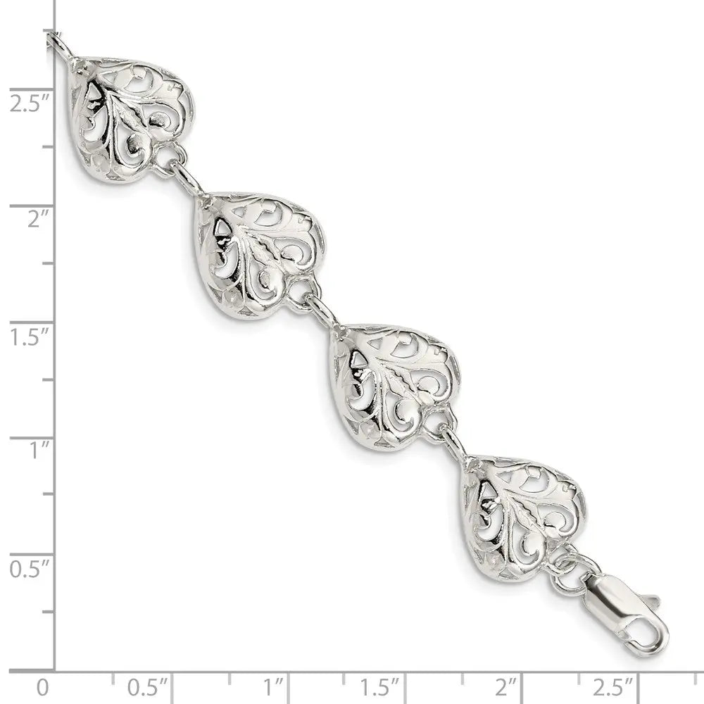 Sterling Silver Fancy Filigree Heart 7 Inch Bracelet
