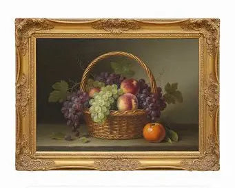 Still Life with Fruit in Basket Original landscape painting depicting a rural scene with trees and wildflowrs Approx. 16" x 18" ABC Rugs Kilims