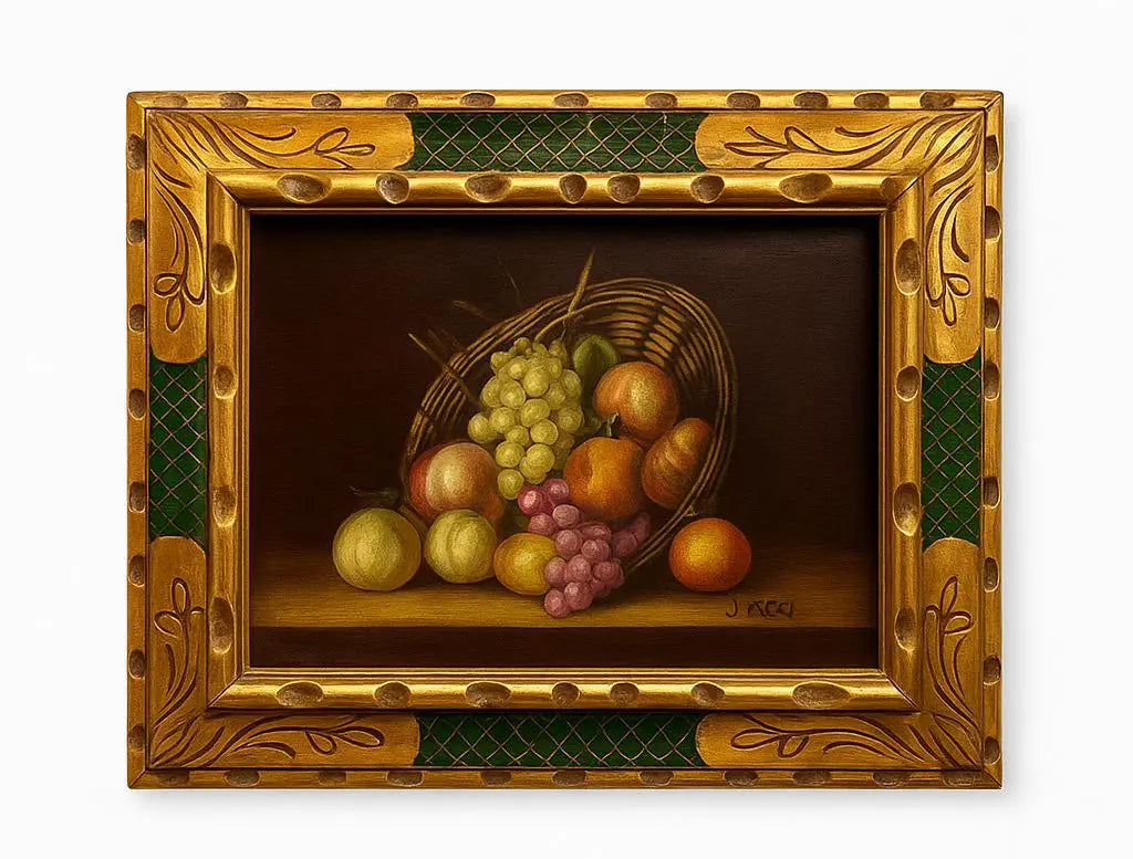 Still Life of Fruit Basket, This is a still life painting feauring with like with and-fashioned and design samred. The is set in set copired leige shade. Approx. 24" x 38"