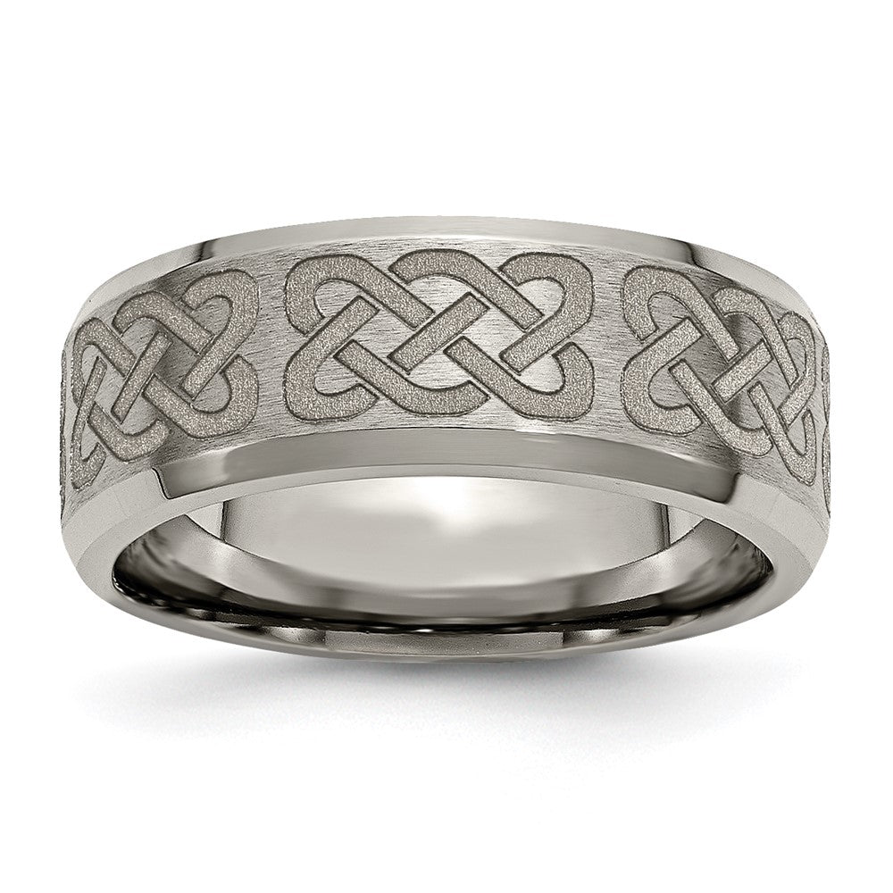 Titanium Brushed & Polished Celtic Laser Design 8mm Beveled Edge Band