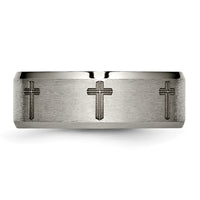 Titanium Brushed & Polished Cross Laser Design 8mm Beveled Edge Band