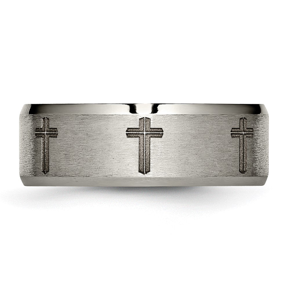 Titanium Brushed & Polished Cross Laser Design 8mm Beveled Edge Band