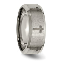 Titanium Brushed & Polished Cross Laser Design 8mm Beveled Edge Band