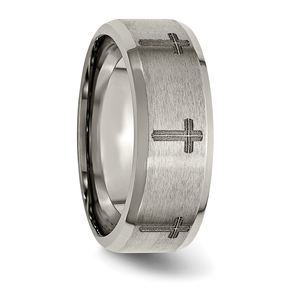 Titanium Brushed & Polished Cross Laser Design 8mm Beveled Edge Band