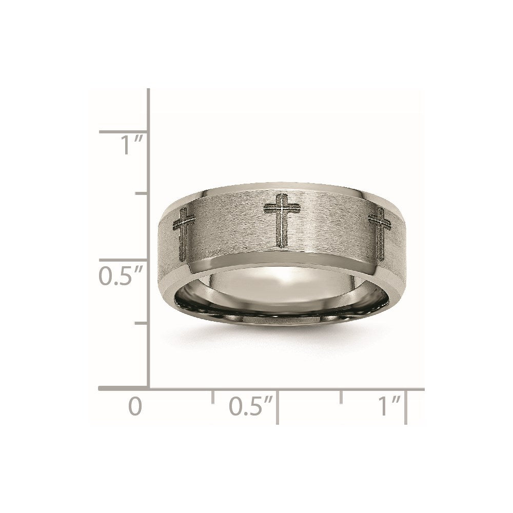 Titanium Brushed & Polished Cross Laser Design 8mm Beveled Edge Band