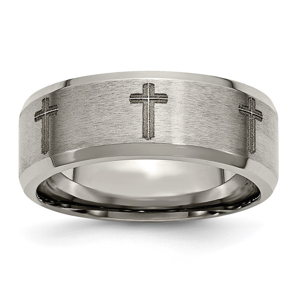 Titanium Brushed & Polished Cross Laser Design 8mm Beveled Edge Band