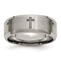 Titanium Brushed & Polished Cross Laser Design 8mm Beveled Edge Band