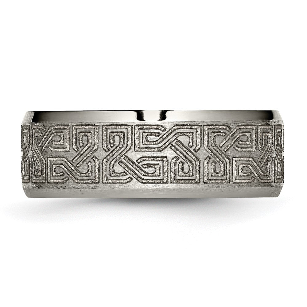 Titanium Brushed & Polished Greek Key Laser Design 8mm Beveled Band