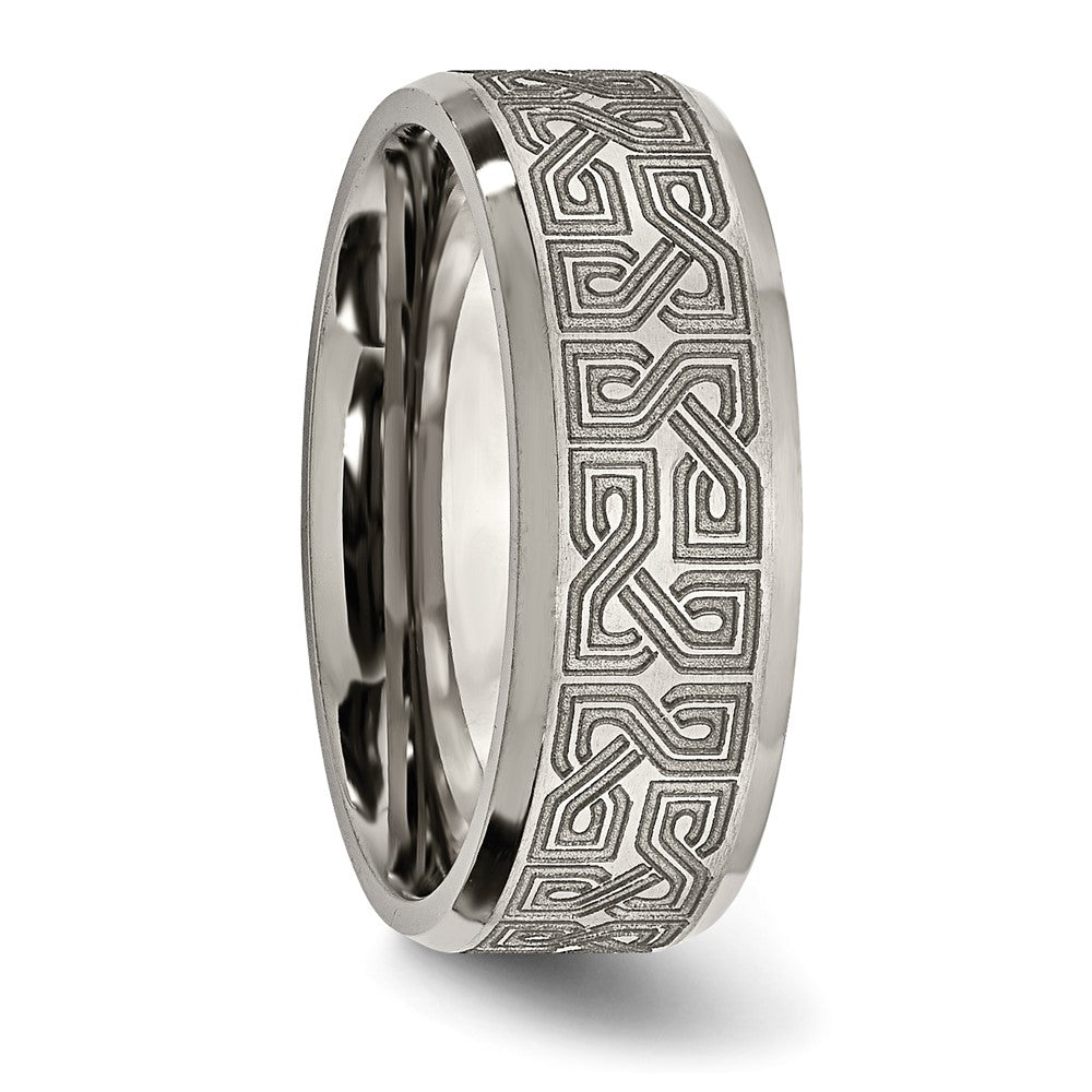 Titanium Brushed & Polished Greek Key Laser Design 8mm Beveled Band