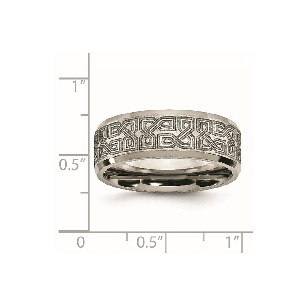 Titanium Brushed & Polished Greek Key Laser Design 8mm Beveled Band