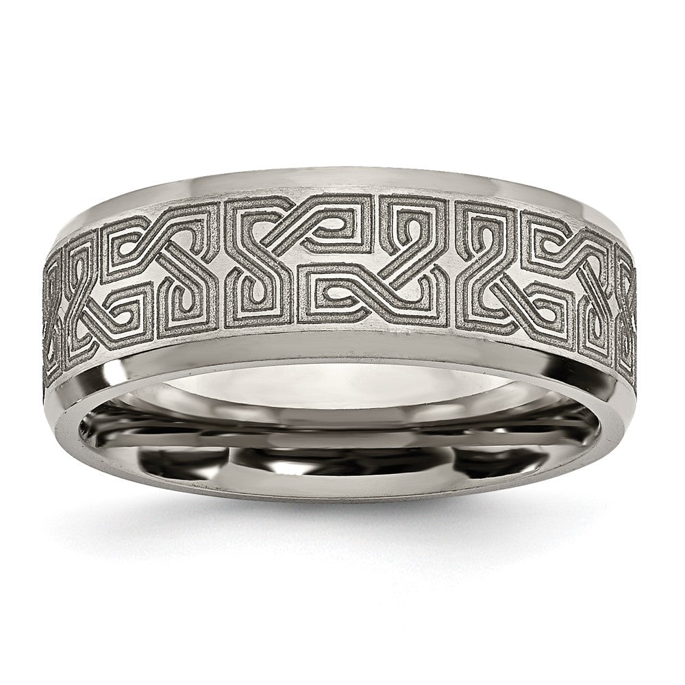 Titanium Brushed & Polished Greek Key Laser Design 8mm Beveled Band