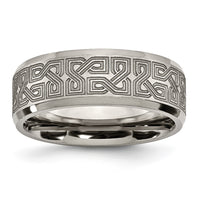 Titanium Brushed & Polished Greek Key Laser Design 8mm Beveled Band