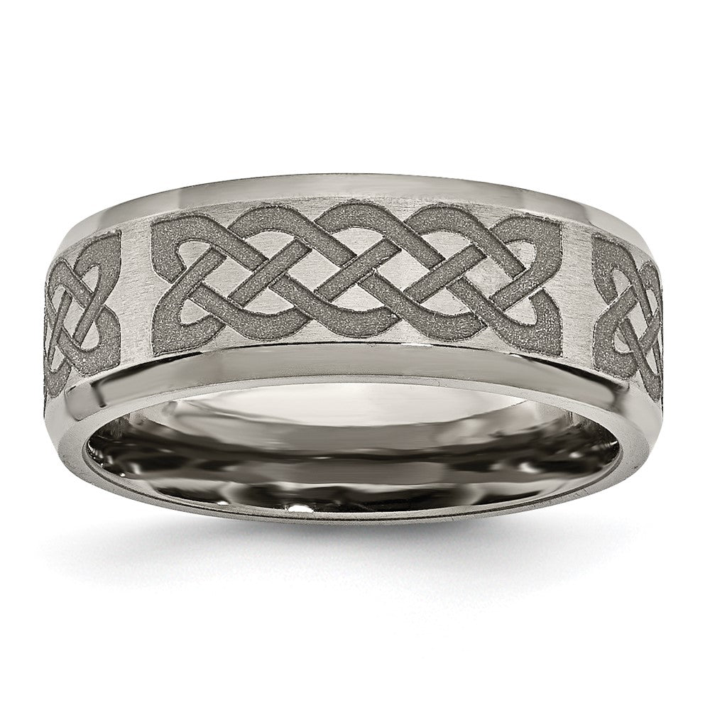 Titanium Brushed & Polished Celtic Laser Design 8mm Beveled Edge Band