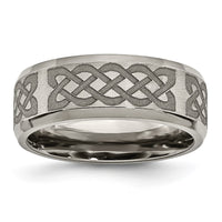 Titanium Brushed & Polished Celtic Laser Design 8mm Beveled Edge Band