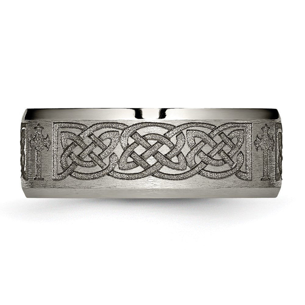 Titanium Brushed & Polished Cross Laser Design 8mm Beveled Edge Band