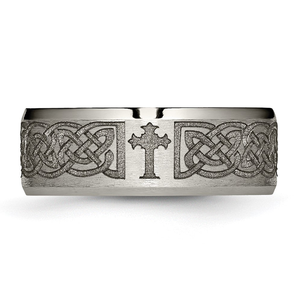 Titanium Brushed & Polished Cross Laser Design 8mm Beveled Edge Band