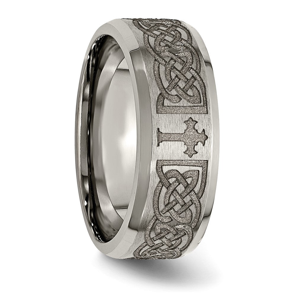 Titanium Brushed & Polished Cross Laser Design 8mm Beveled Edge Band