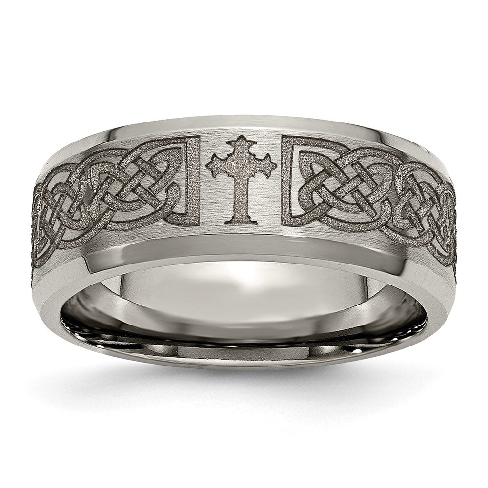 Titanium Brushed & Polished Cross Laser Design 8mm Beveled Edge Band