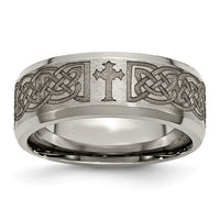 Titanium Brushed & Polished Cross Laser Design 8mm Beveled Edge Band