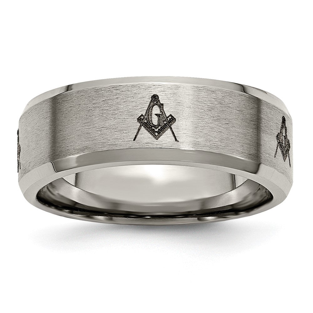 Titanium Brushed/Polished Masonic Laser Design 8mm Beveled Edge Band