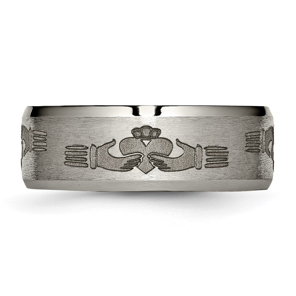 Titanium Brushed/Polished Claddagh Laser Design 8mm Beveled Edge Band