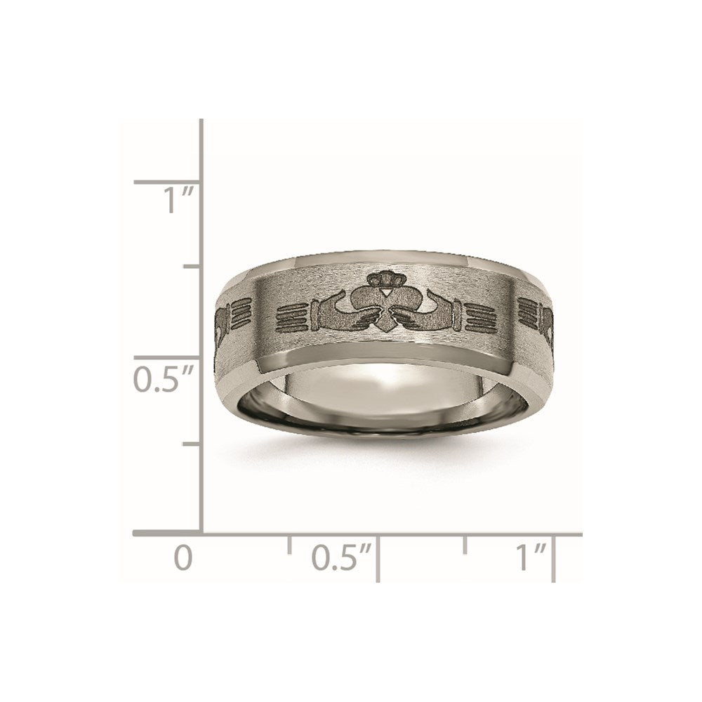 Titanium Brushed/Polished Claddagh Laser Design 8mm Beveled Edge Band