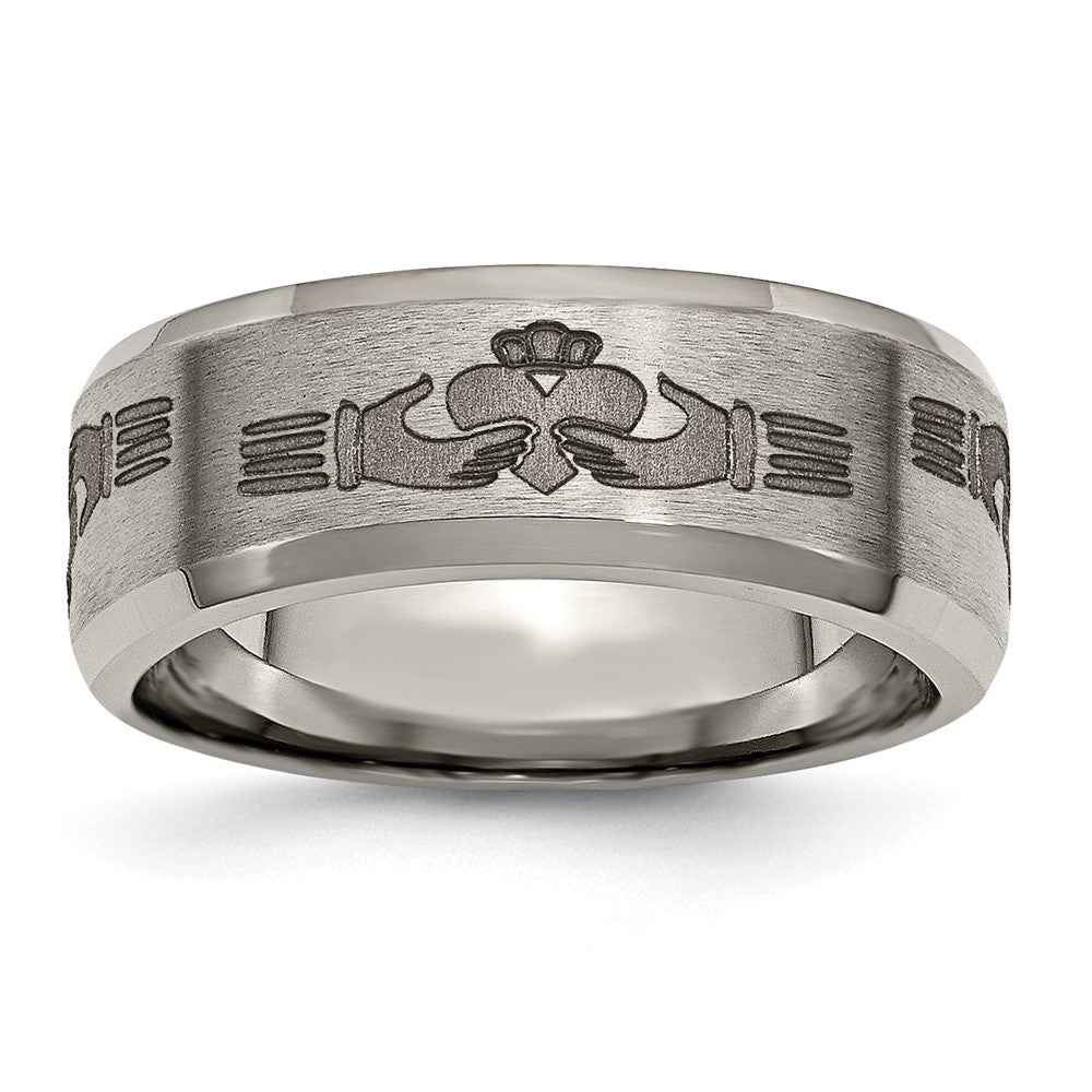 Titanium Brushed/Polished Claddagh Laser Design 8mm Beveled Edge Band