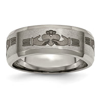 Titanium Brushed/Polished Claddagh Laser Design 8mm Beveled Edge Band