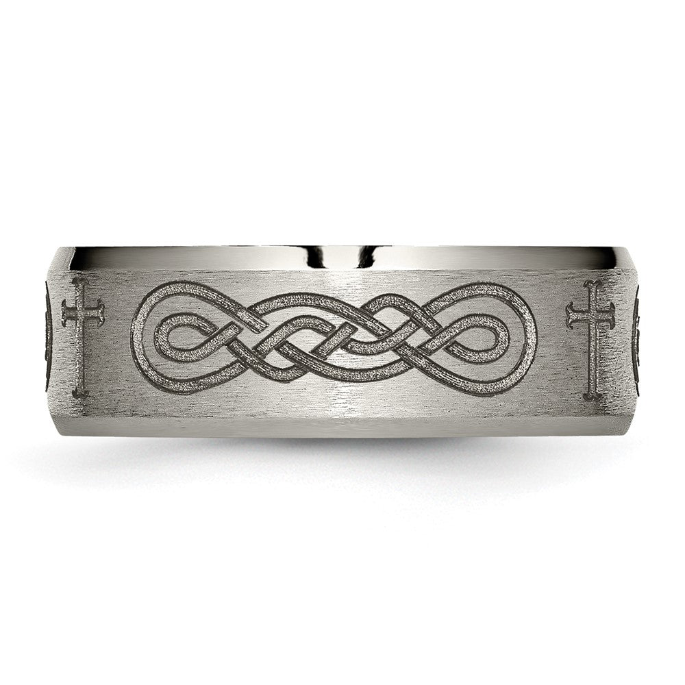 Titanium Brushed & Polished Cross Laser Design 8mm Beveled Edge Band