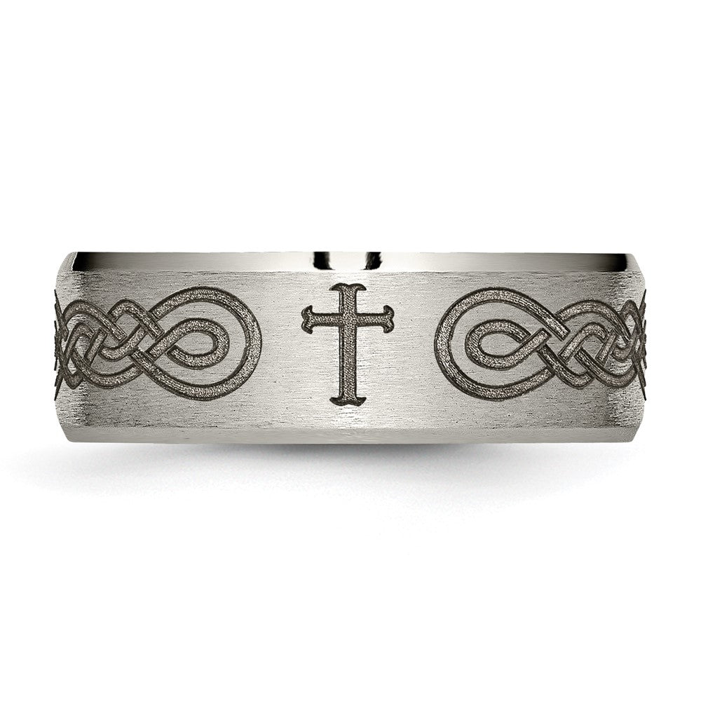 Titanium Brushed & Polished Cross Laser Design 8mm Beveled Edge Band