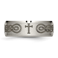 Titanium Brushed & Polished Cross Laser Design 8mm Beveled Edge Band