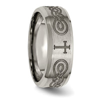 Titanium Brushed & Polished Cross Laser Design 8mm Beveled Edge Band