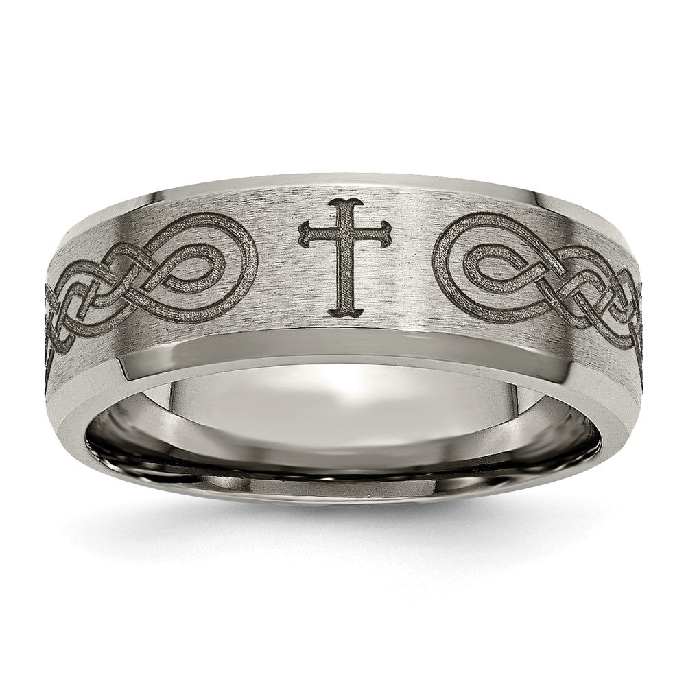Titanium Brushed & Polished Cross Laser Design 8mm Beveled Edge Band