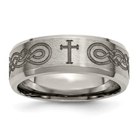Titanium Brushed & Polished Cross Laser Design 8mm Beveled Edge Band
