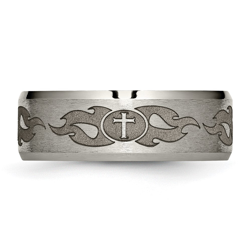 Titanium Brushed & Polished Cross Laser Design 8mm Beveled Edge Band
