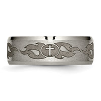 Titanium Brushed & Polished Cross Laser Design 8mm Beveled Edge Band