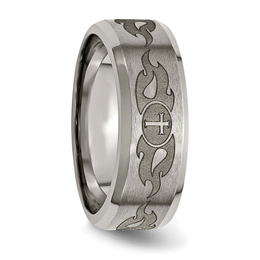 Titanium Brushed & Polished Cross Laser Design 8mm Beveled Edge Band