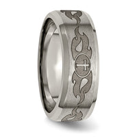Titanium Brushed & Polished Cross Laser Design 8mm Beveled Edge Band