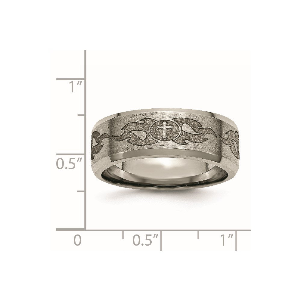 Titanium Brushed & Polished Cross Laser Design 8mm Beveled Edge Band