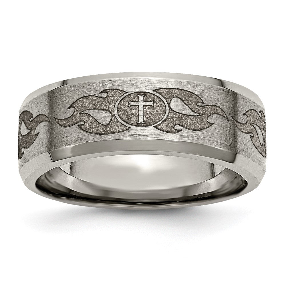 Titanium Brushed & Polished Cross Laser Design 8mm Beveled Edge Band