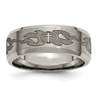 Titanium Brushed & Polished Cross Laser Design 8mm Beveled Edge Band
